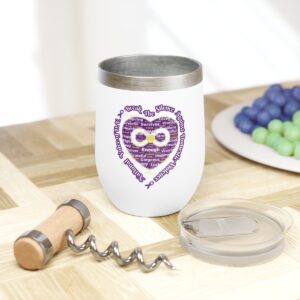 White, 12 oz stainless steel, handle free wine mug. The inside is stainless steel and the outside is white plastic with a heartshaped BTSADV logo in purple text.