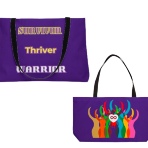 A purple, durable tote bag with a black strap handle. There is a colorful image of people silohuettes all with arms raised. The BTSADV logo is on the center of one of them , and on the other side of the bag are the words, "Survivor, Thriver, Warrior".