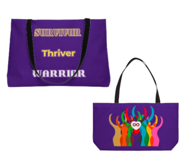 A purple, durable tote bag with a black strap handle. There is a colorful image of people silohuettes all with arms raised. The BTSADV logo is on the center of one of them , and on the other side of the bag are the words, "Survivor, Thriver, Warrior".
