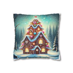 Gingerbread Cottage Christmas Pillowcase — Holiday Spun Polyester Square Pillow Cover