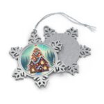 Pewter Snowflake Ornament with Festive Gingerbread House — Holiday Christmas Tree Decoration