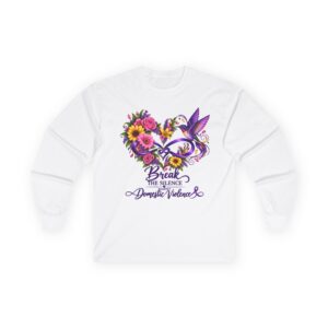 Domestic Violence Awareness Long Sleeve Tee — "Break the Silence" Floral Heart & Hummingbird