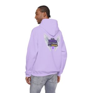 Survivor Thriver Warrior Hoodie — “I Am a Survivor, Thriver, Warrior” Purple Awareness Sweatshirt