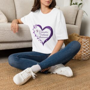 Domestic Violence Awareness T-Shirt — Purple Ribbon Heart Support Tee