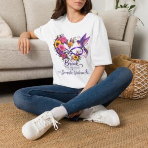 Domestic Violence Awareness T-Shirt — "Break the Silence" Floral Heart & Hummingbird